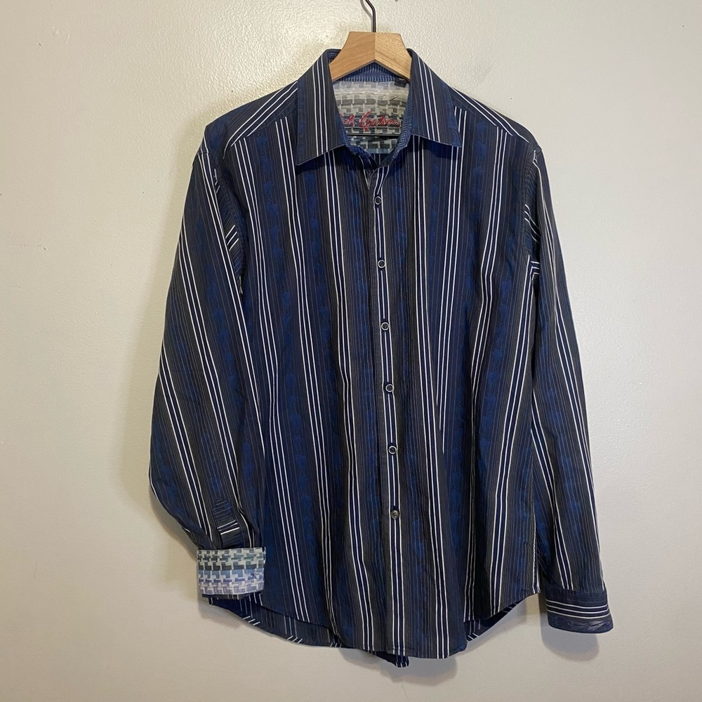 Robert Graham Mens L Striped Embroidered Shirt Button up Flip Cuffs Blue